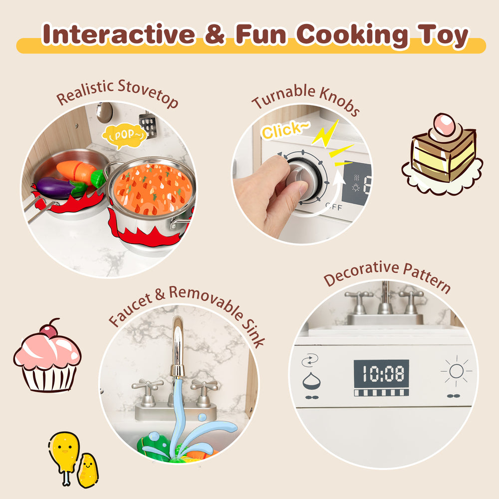 Kids kitchen playset featuring a removable sink, adjustable LED lights, and interactive stove with clicking knobs for.
