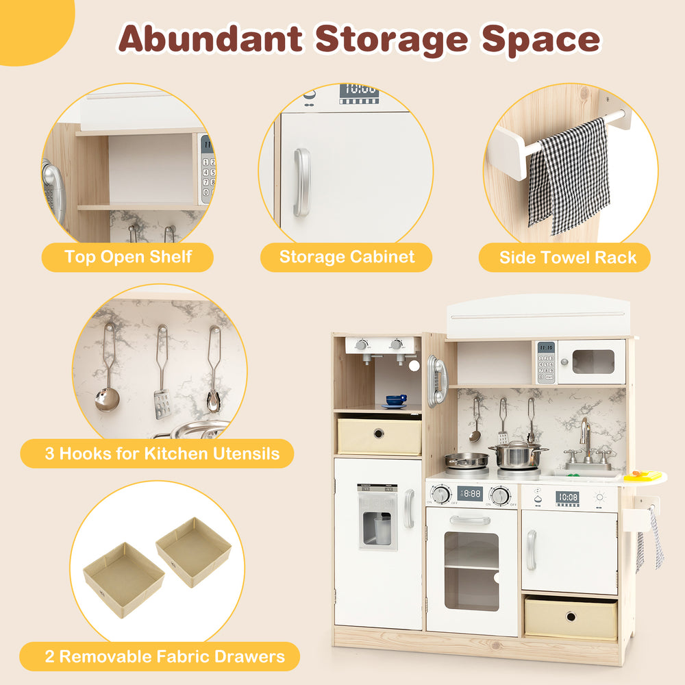 Kids kitchen playset featuring adjustable LED lights, removable fabric bins, and ample storage for imaginative play.