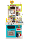 Kids kitchen playset in blue with a realistic oven and pizza, enhancing imaginative cooking experiences for children.