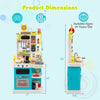 Kids kitchen playset in blue, featuring realistic sounds and lights, with dimensions 36" x 17" x 9.5", ideal for ages.