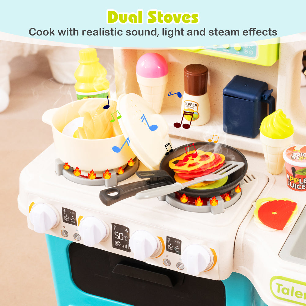 Kids kitchen playset with dual stoves, realistic sounds, and lights for immersive pretend cooking fun.