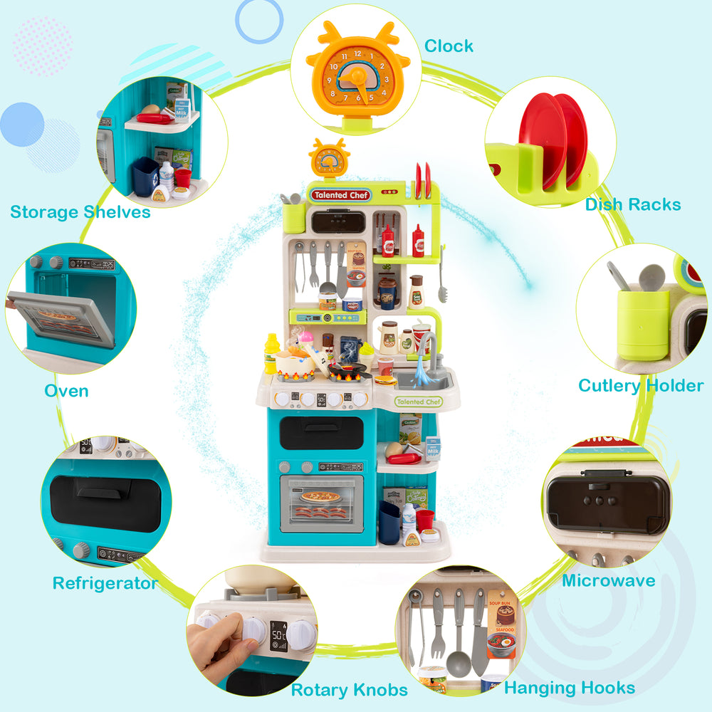 Kids kitchen playset in blue showcasing a realistic microwave and oven, perfect for engaging pretend cooking adventures.