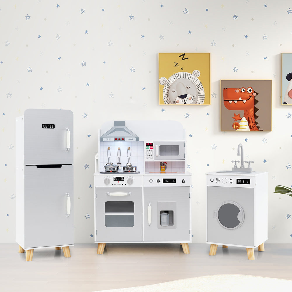 Kids kitchen playset featuring a gray refrigerator, stove, and washing machine for imaginative role-playing fun.