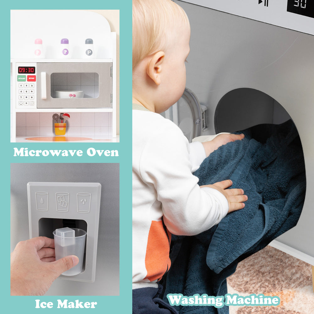 Kids kitchen playset featuring a gray washing machine, microwave oven, and ice maker for imaginative role play.