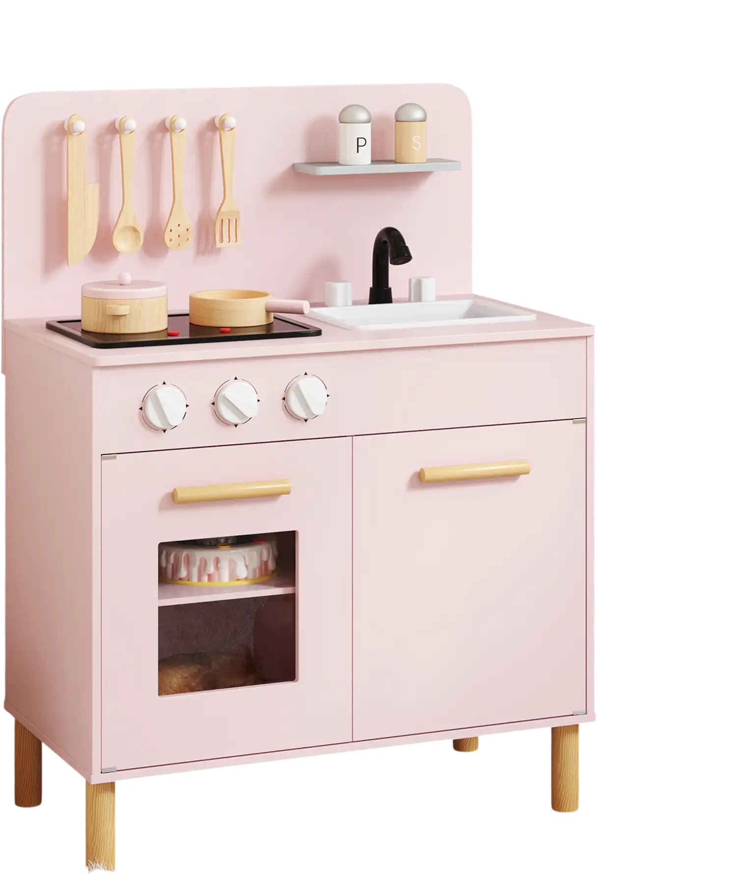Costway Kids Wooden Kitchen Playset Cooking Accessories Storage Pink 635247981 New