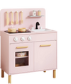 Kids kitchen playset in pink with dual stoves, storage, and cooking accessories for imaginative role-play.