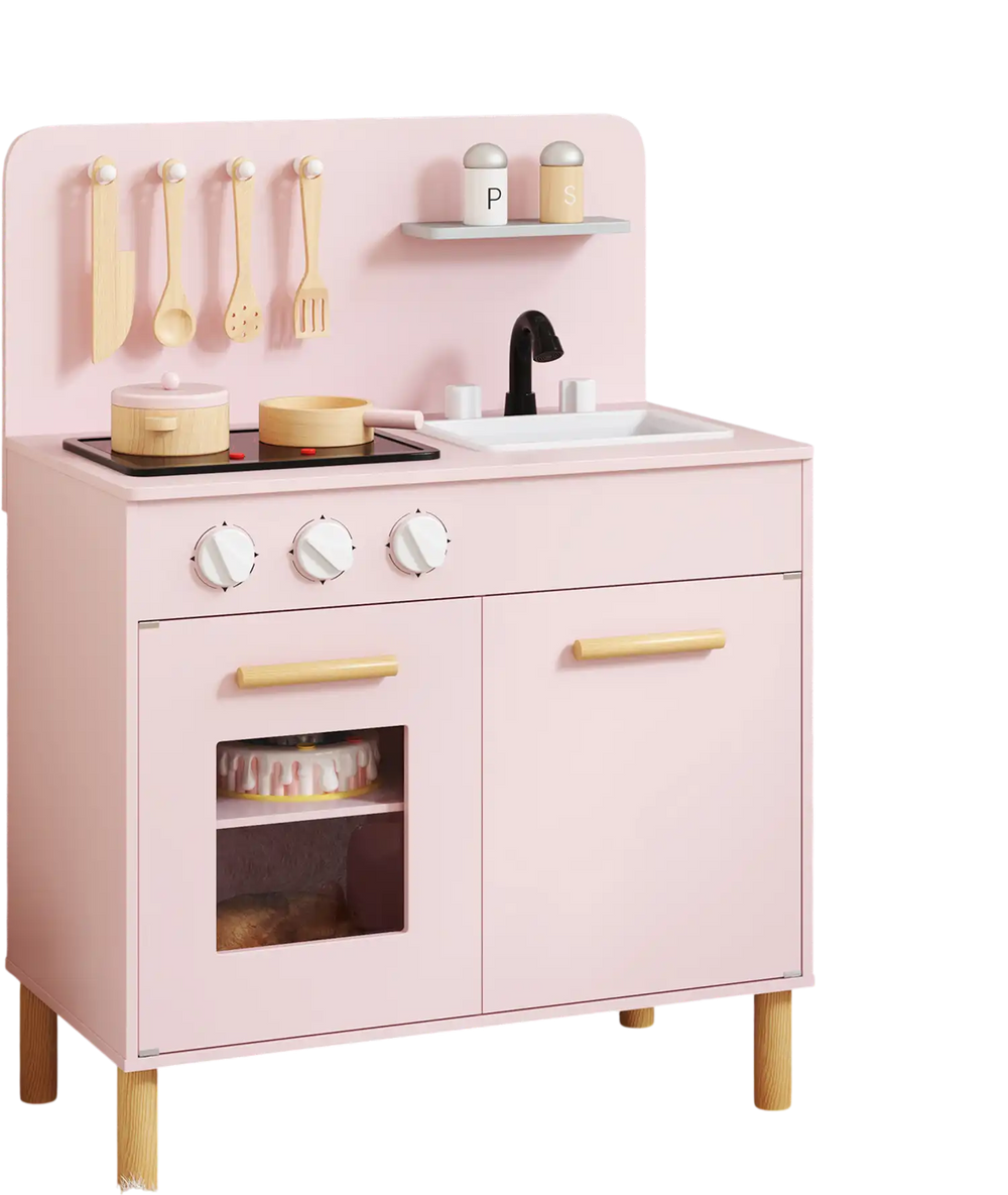 Kids kitchen playset in pink with dual stoves, storage, and cooking accessories for imaginative role-play.