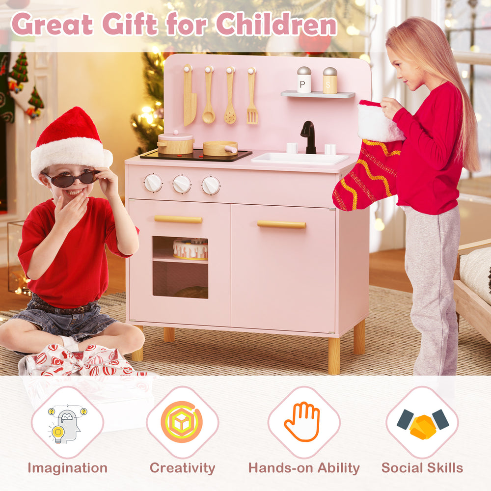 Kids kitchen playset in pink with cooking accessories, dual stoves, and storage for imaginative role-playing fun.