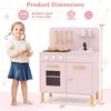Kids kitchen playset in pink with dual stoves, storage, and cooking accessories for imaginative role play.