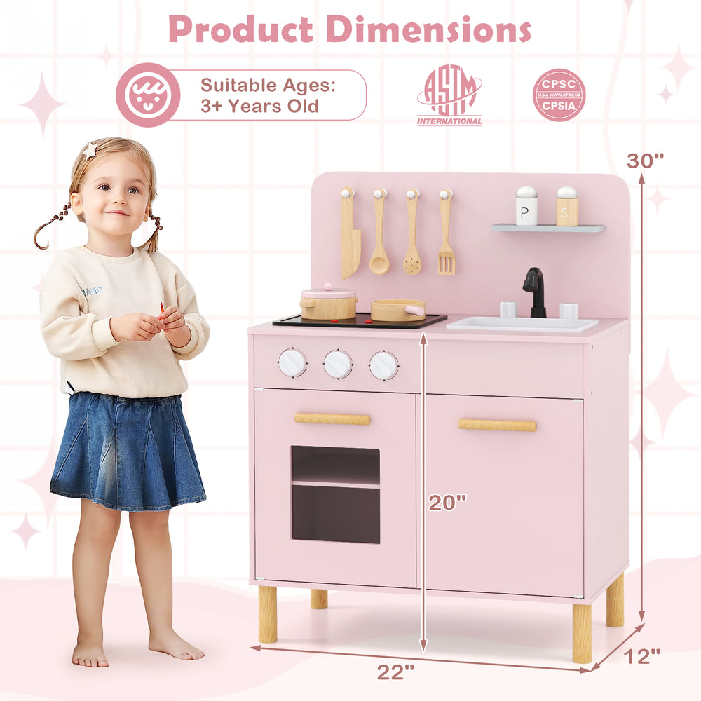 Kids kitchen playset in pink with dual stoves, storage, and cooking accessories for imaginative role play.