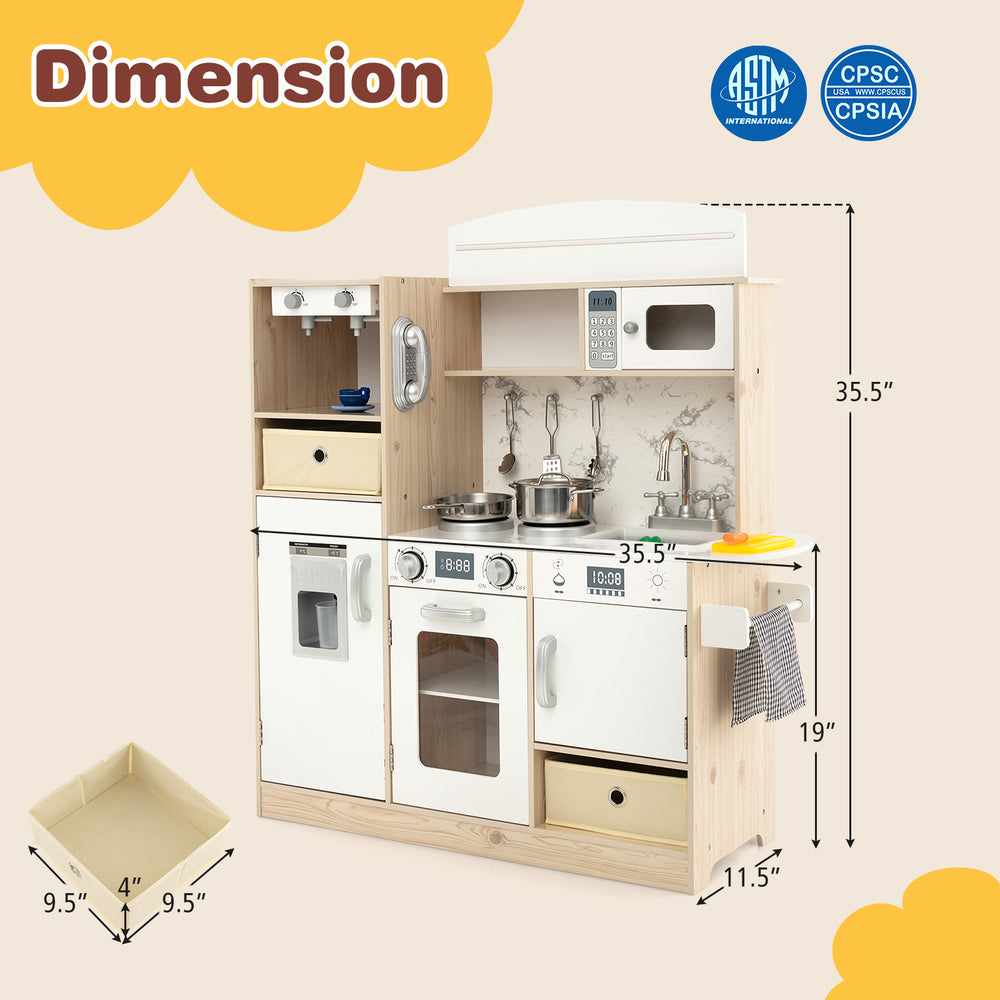 Kids kitchen playset in white with adjustable LED lights, removable bins, and various cooking features for imaginative.