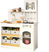 Kids kitchen playset in white with realistic stove, oven, and ample storage for organizing cooking accessories and toys.