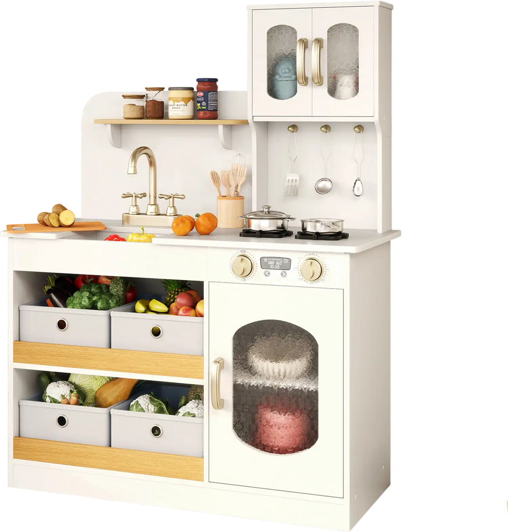 Kids kitchen playset in white with realistic stove, oven, and ample storage for organizing cooking accessories and toys.
