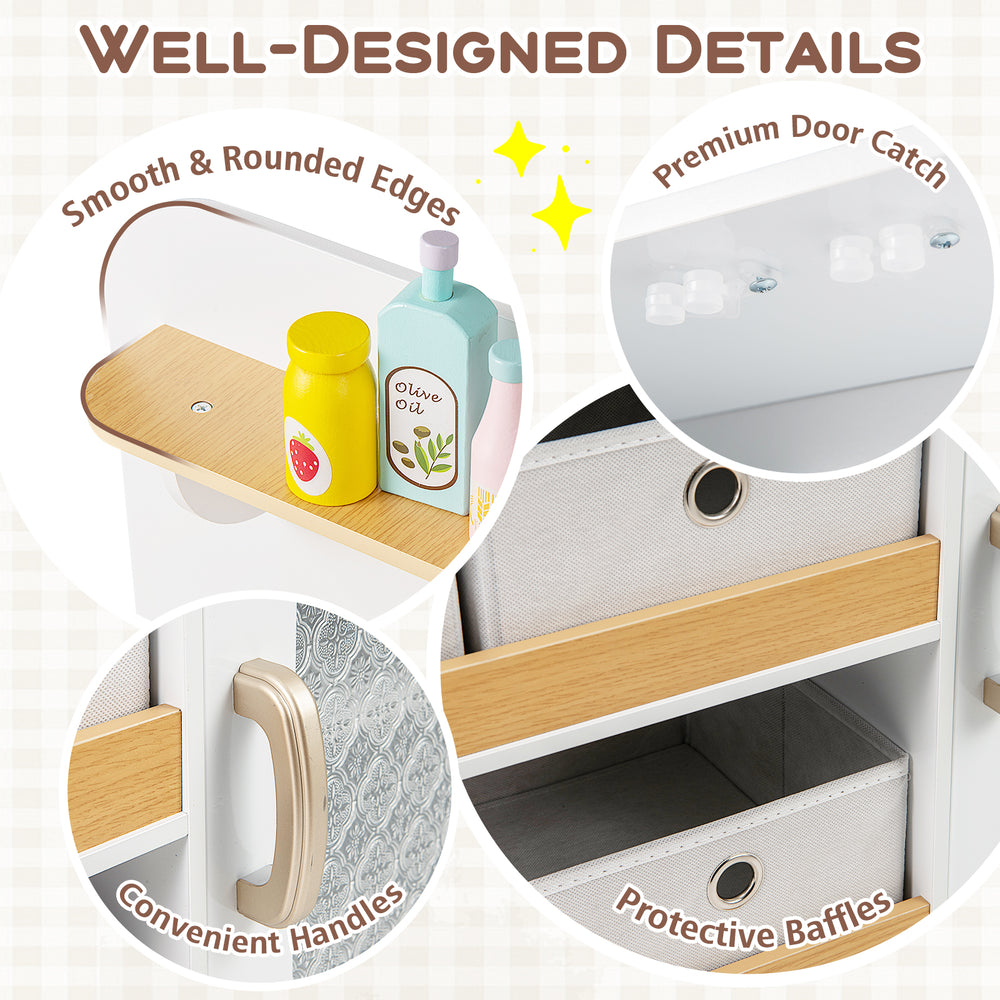 Kids kitchen playset features smooth rounded edges, convenient handles, and protective baffles for safe play and.
