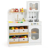 Kids kitchen playset in white with realistic stove, sink, and storage drawers for imaginative cooking play.