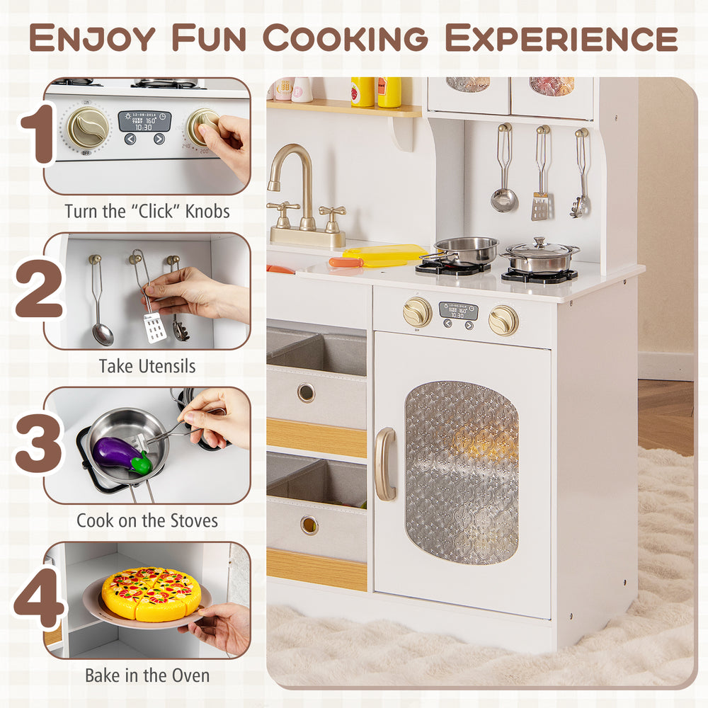 Kids kitchen playset in white with realistic stoves, oven, and cooking accessories for imaginative play and.