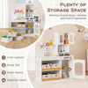 Kids kitchen playset in white with 2-door cupboard, storage shelf, and 4 fabric drawers for organized play.