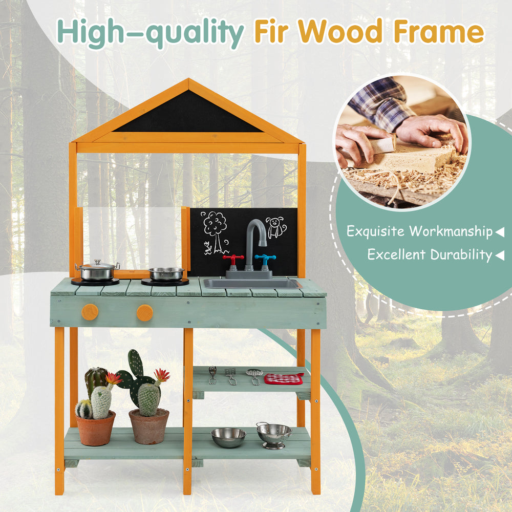 Kids kitchen playset featuring a fir wood frame, stoves, sink, and root viewer planter for imaginative play and storage.