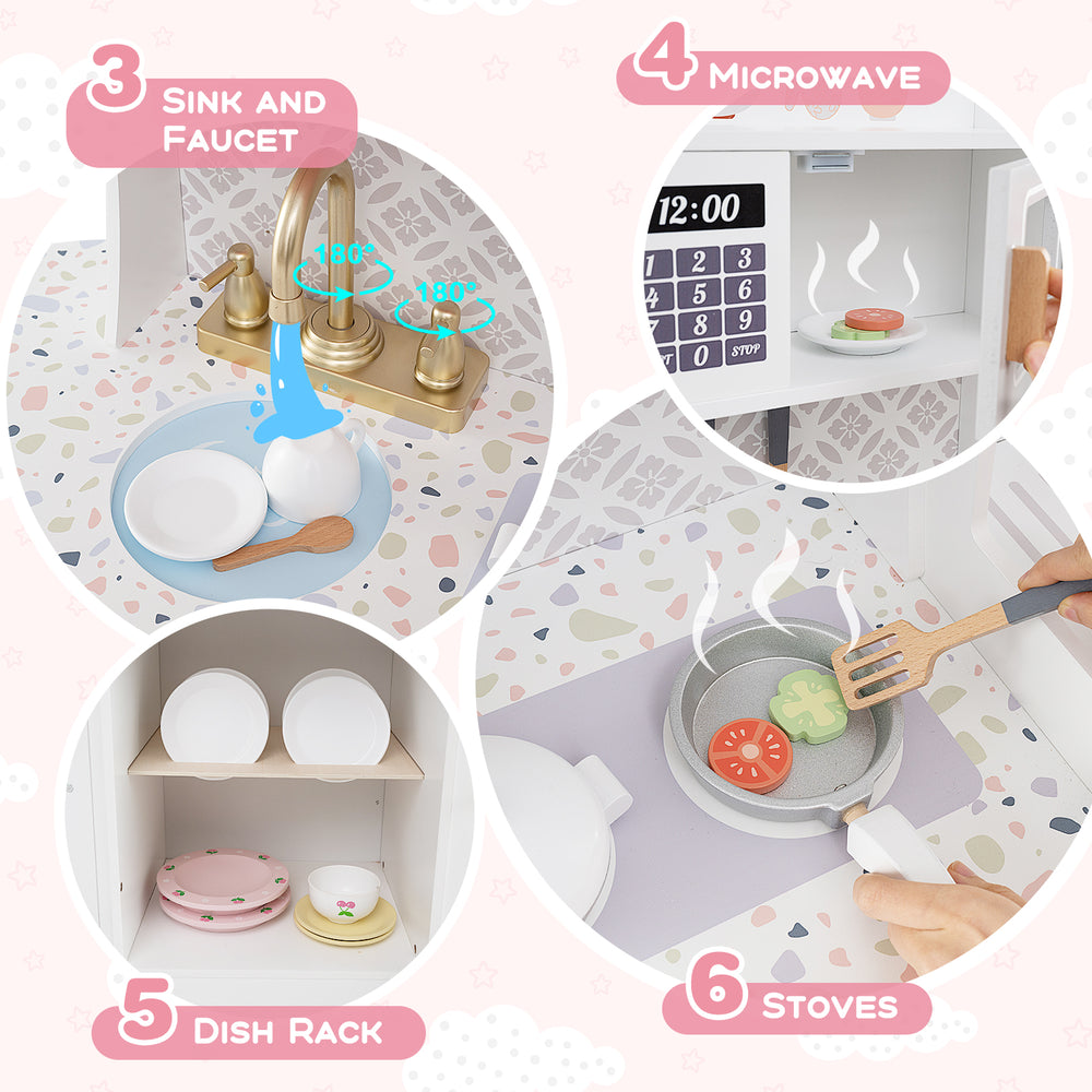 Kids kitchen set featuring a microwave, sink, and stove with accessories, perfect for imaginative play and skill.
