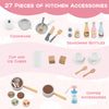 Kids kitchen set with 27 wooden accessories, including a coffee maker, ice maker, and storage for imaginative play.