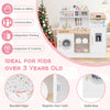 Kids kitchen set in white with coffee maker and 27 accessories, designed for safe play and skill development for ages.