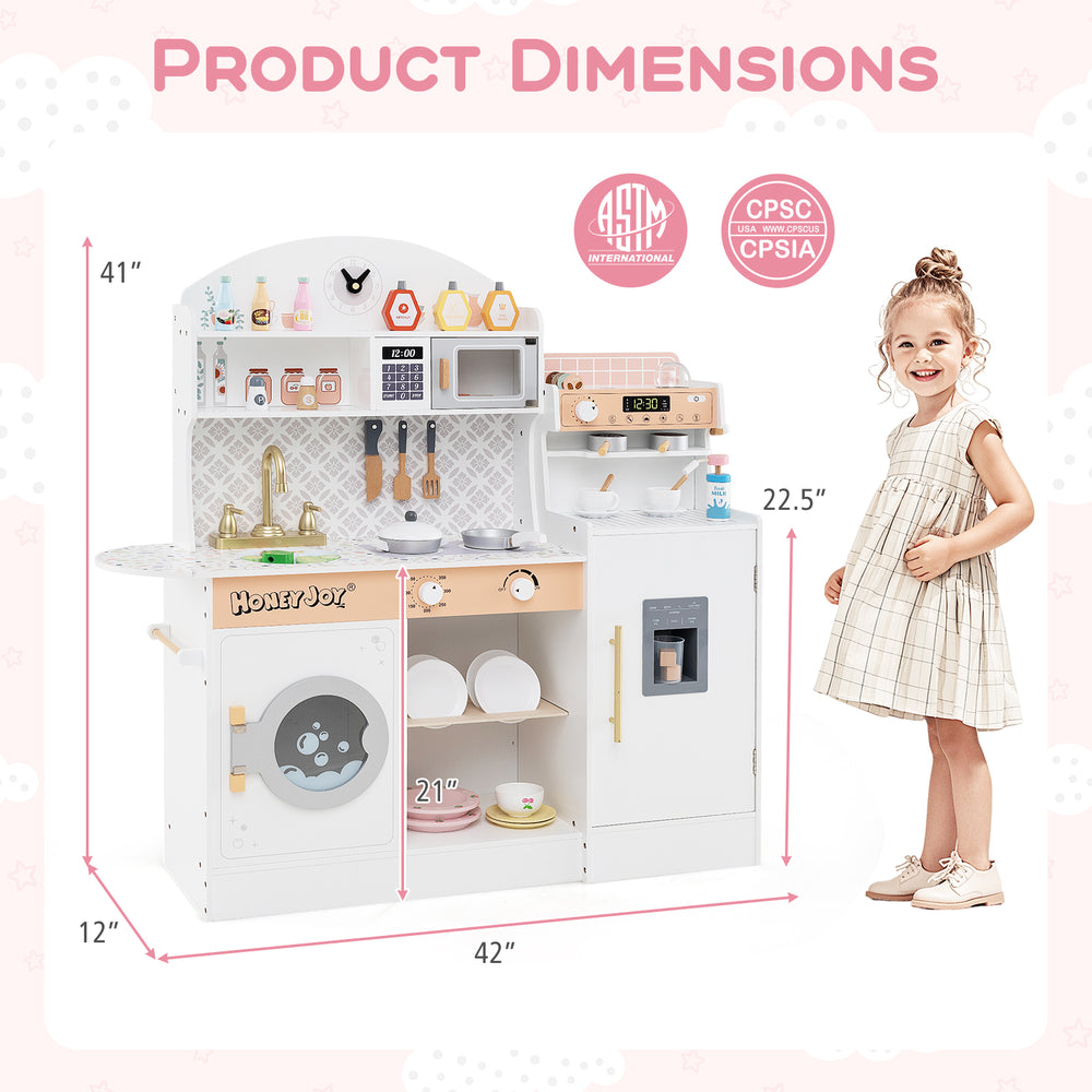 Kids kitchen set in white with coffee maker, 27 accessories, and ample storage for imaginative play, 41" tall.