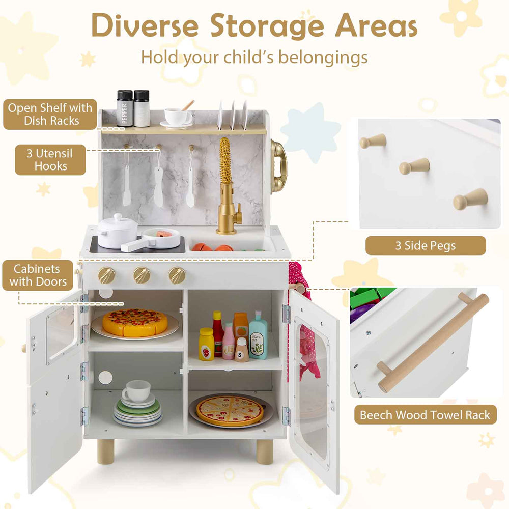 Kids kitchen set in white featuring stoves, sink, and diverse storage areas for imaginative play and organization.