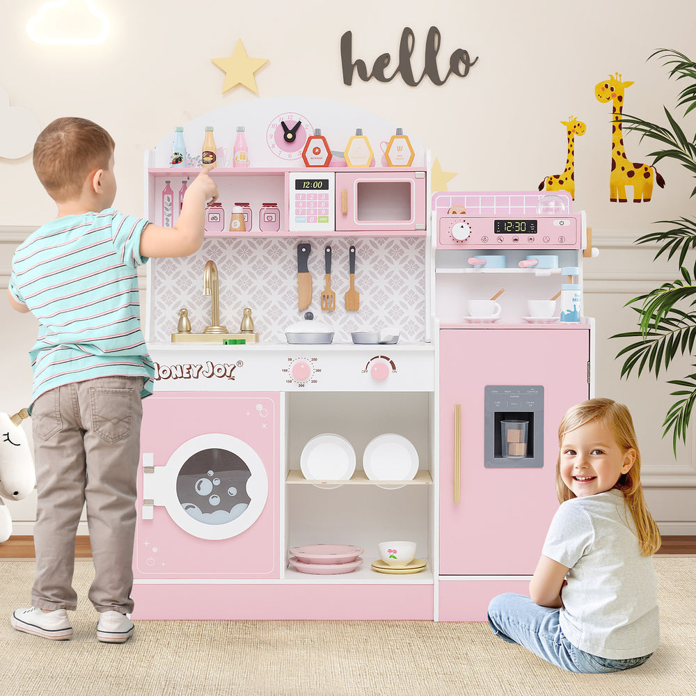 Kids Kitchen Set Wooden with Coffee Makers and Accessories-Pink - Gallery View 1 of 10