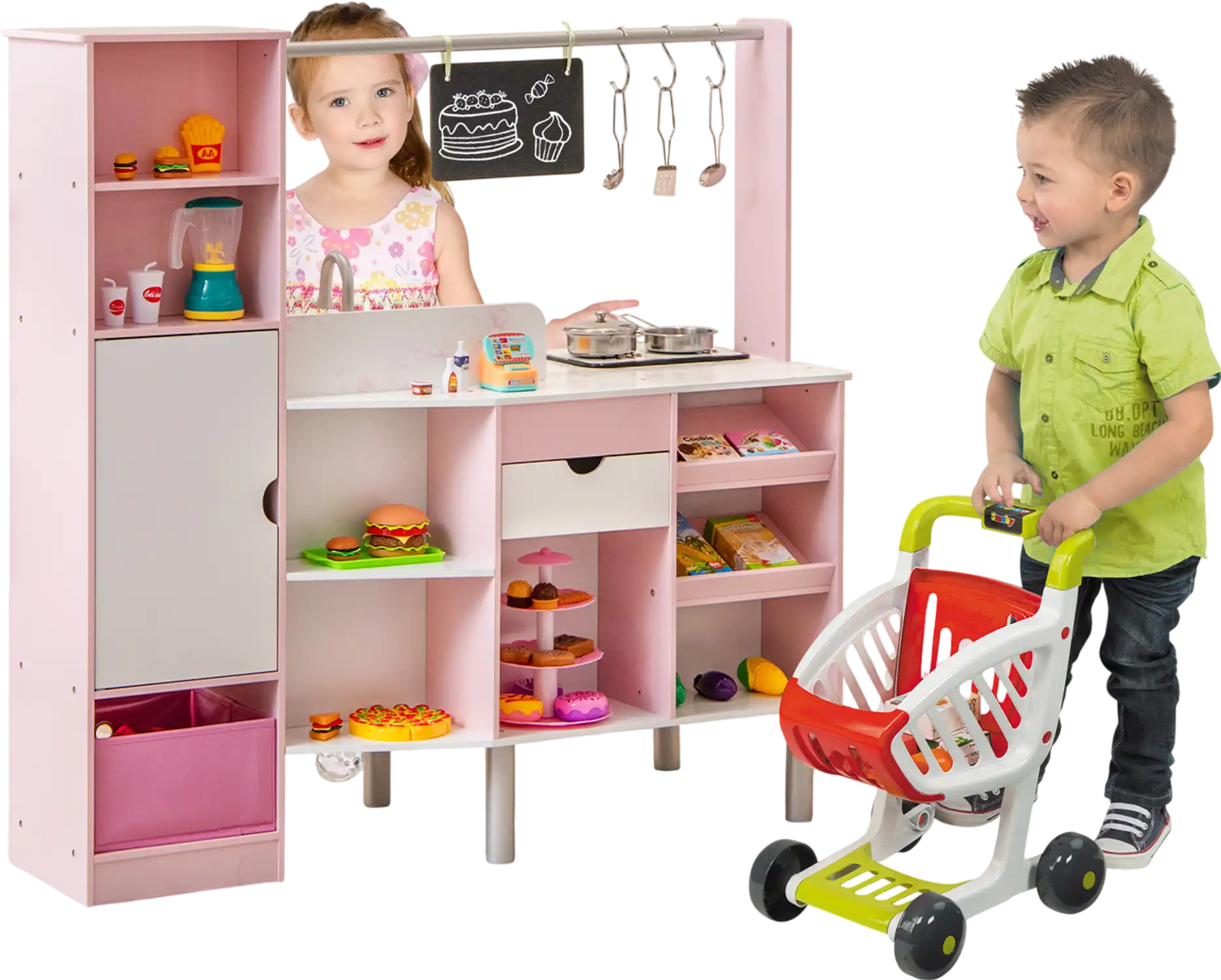 Costway 2-in-1 Double-Sided Kids Kitchen Market Playset Pink 69235847 New