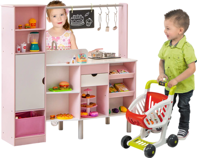 Costway 2-in-1 Double-Sided Kids Kitchen Market Playset Pink 69235847 New
