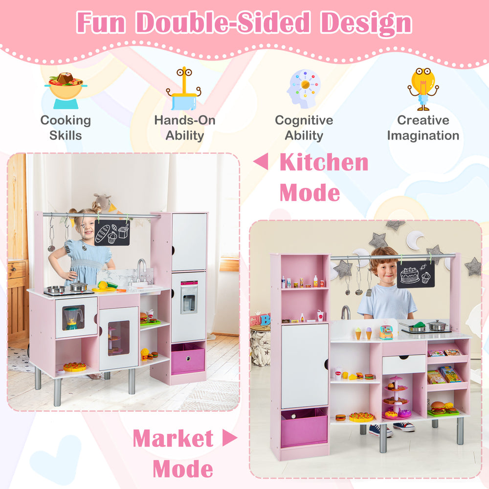 Double-sided kids kitchen and market set in pink with realistic light and sound, featuring ample storage and 82.
