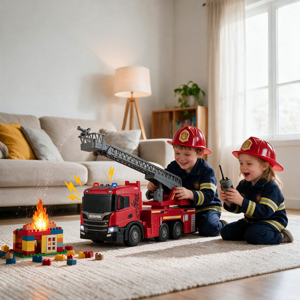Red Licensed Scania Large Fire Truck Toy features an adjustable ladder, lights, and sounds for immersive play experiences.