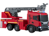 Large red Scania fire truck toy features adjustable ladder, lights, sounds, and 360° rotating platform for kids' play.