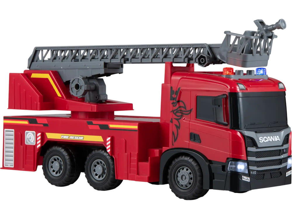Large red Scania fire truck toy features adjustable ladder, lights, sounds, and 360° rotating platform for kids' play.