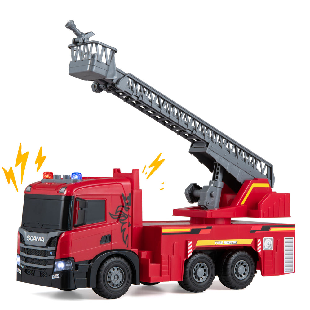 Licensed Scania large fire truck toy features adjustable ladder, lights, sounds, and a push-and-go design for kids.
