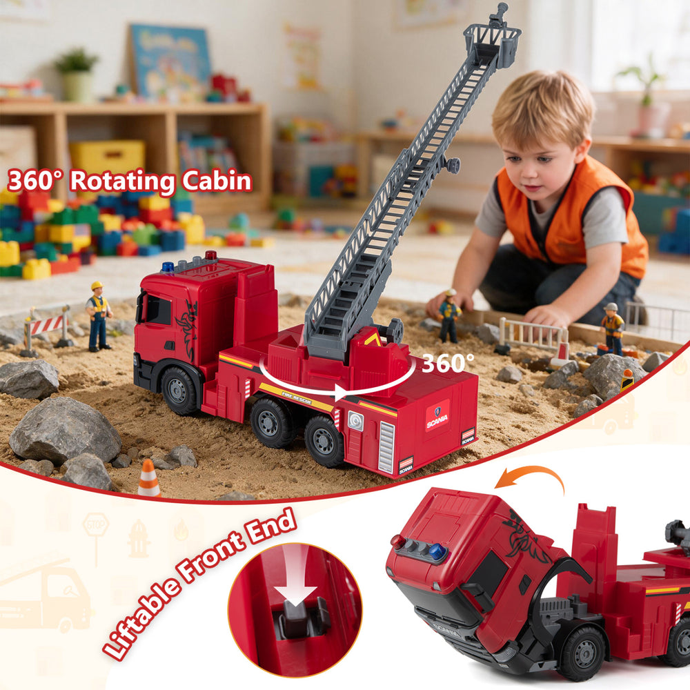 Large Scania fire truck toy features a 360° rotating cabin, adjustable ladder, and immersive lights and sounds for kids.
