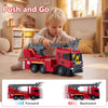 Large red Scania fire truck toy features sounds, lights, and an adjustable ladder for immersive play for kids.