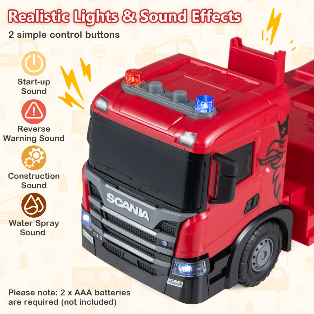 Licensed Scania large fire truck toy features lights, sounds, and an adjustable ladder for immersive rescue play.