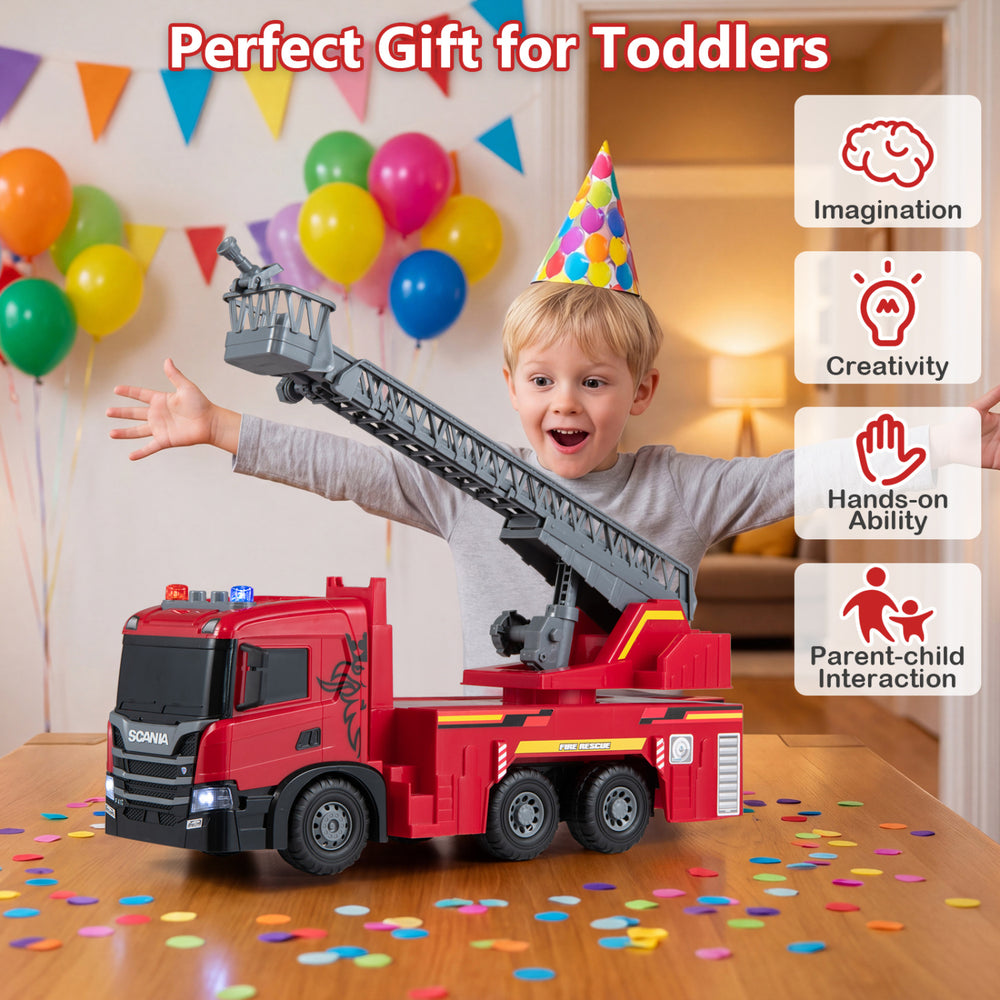 Licensed Scania large fire truck toy features sounds, lights, and an adjustable ladder for imaginative play and rescue action.