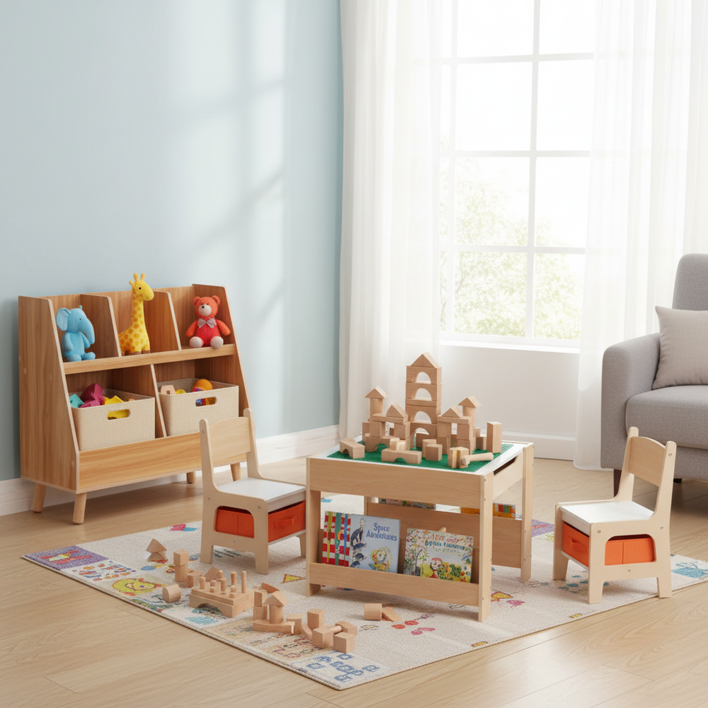 Kids 4-in-1 activity table set with natural wood finish, paired with a blue swivel chair and organized bookshelf for.