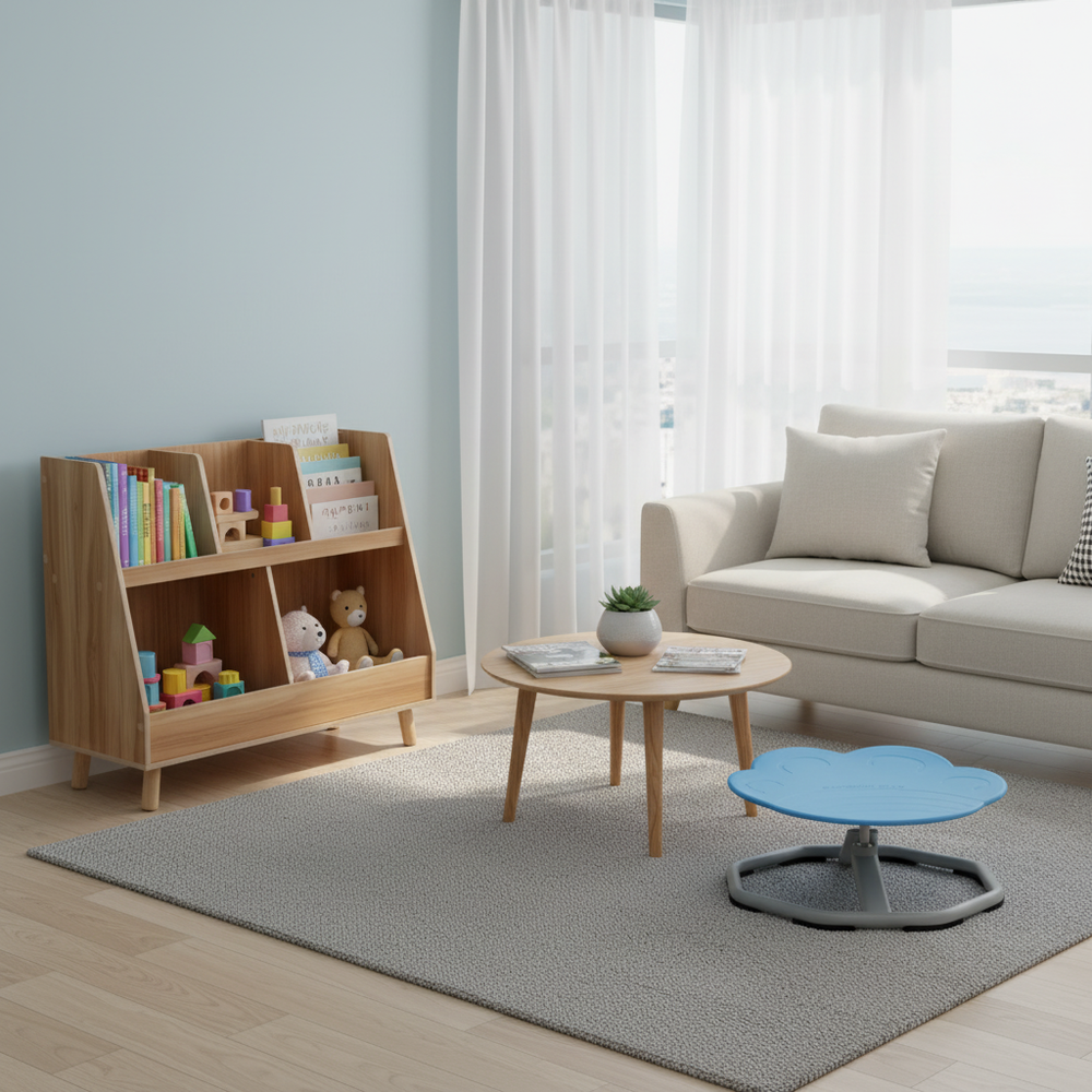 Kids 4-in-1 activity table set with a blue 360° swivel chair and natural wood bookshelf for playful learning.