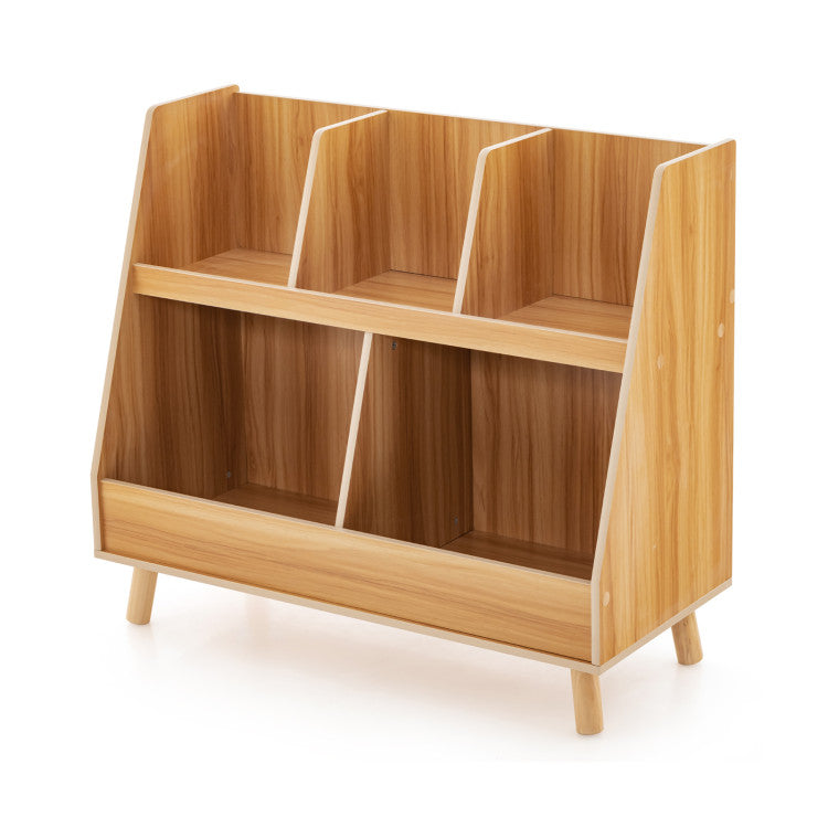 Kids bookshelf and toy organizer in natural wood finish with spacious open storage for books and toys.