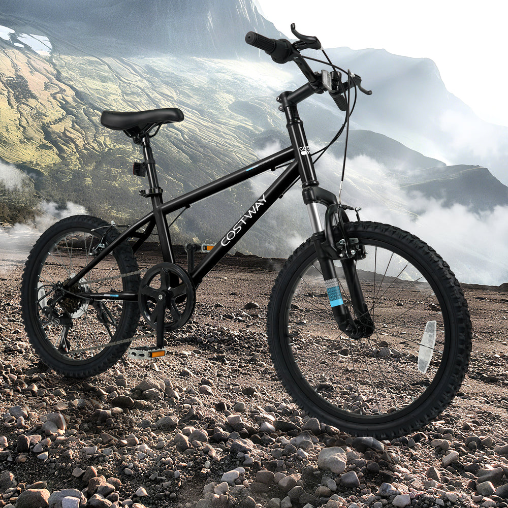 Kids mountain bike in black with 20-inch wheels, featuring a suspension fork and dual V-brakes for safe riding.