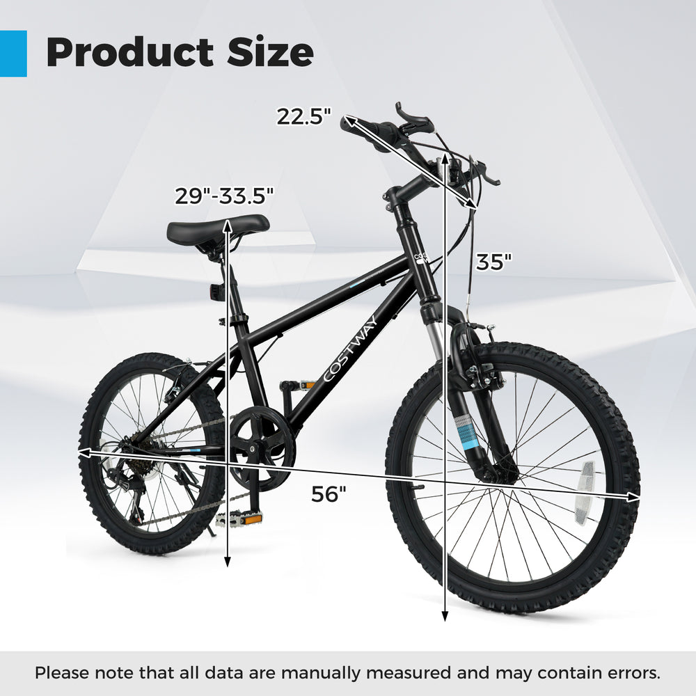 Product size chart for the Kids Mountain Bike, showing dimensions for the 20-inch model, ideal for children aged 8+.