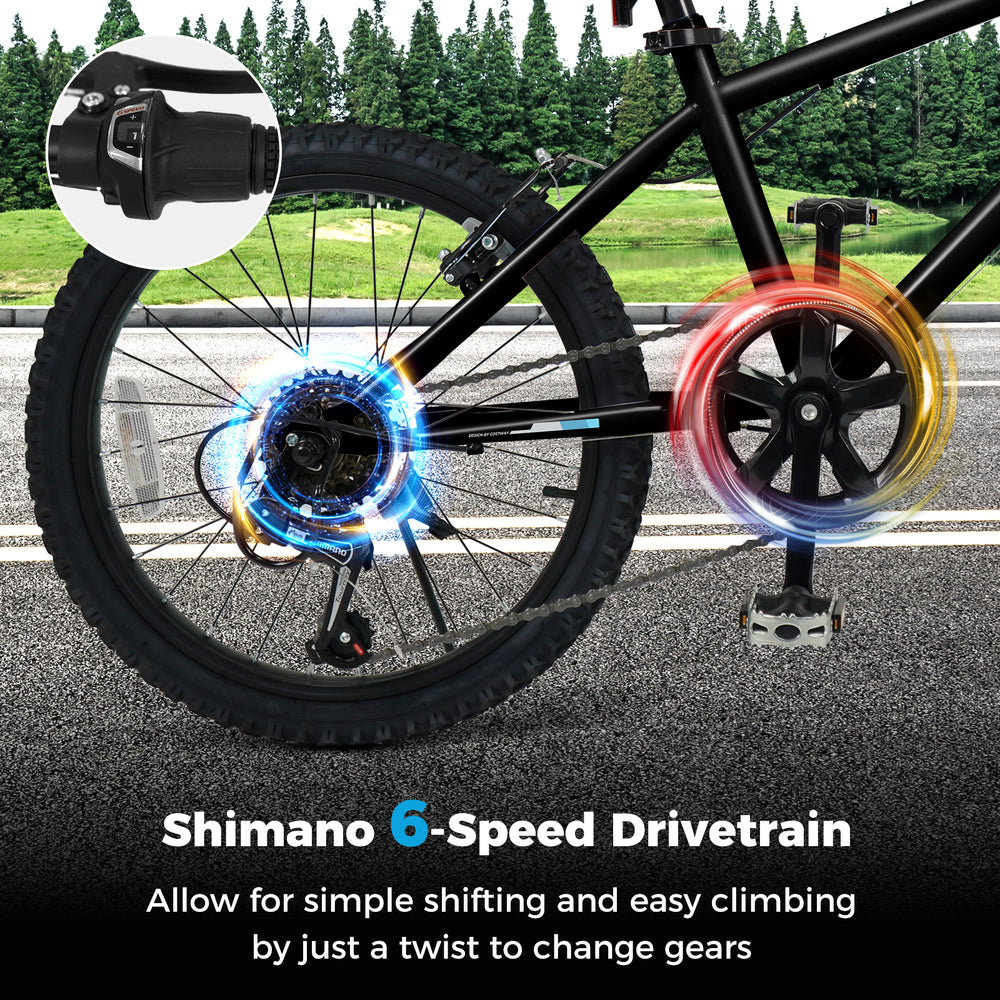 Shimano 6-speed drivetrain on a kids mountain bike, allowing easy gear changes for smooth rides on various terrains.
