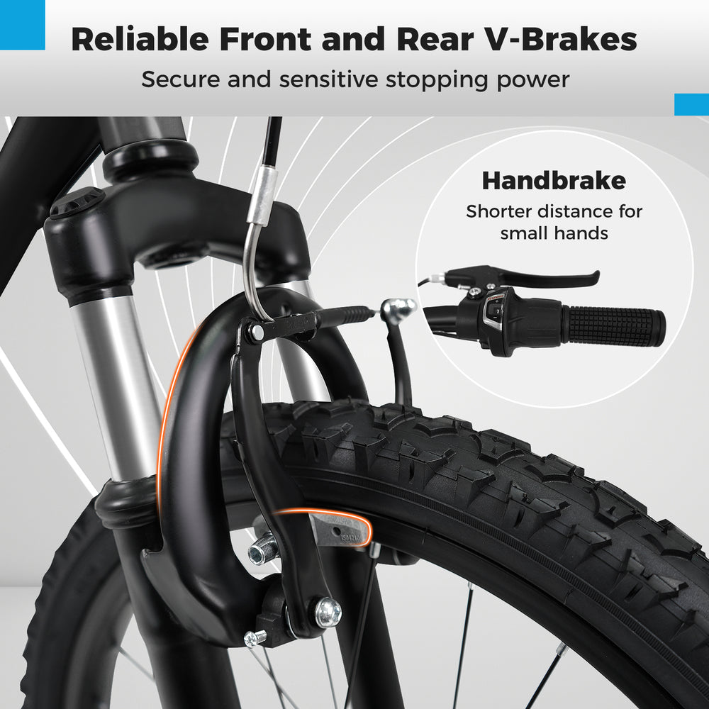 Front V-brake detail of the Kids Mountain Bike, featuring dual brakes for safety and a handbrake for small hands.