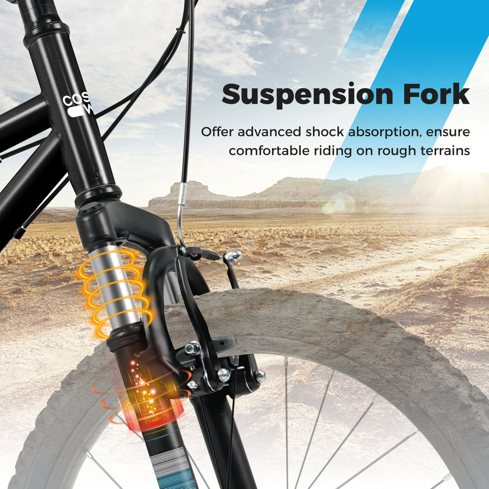 Kids mountain bike with a suspension fork for shock absorption, ensuring a smooth ride on rough terrains.