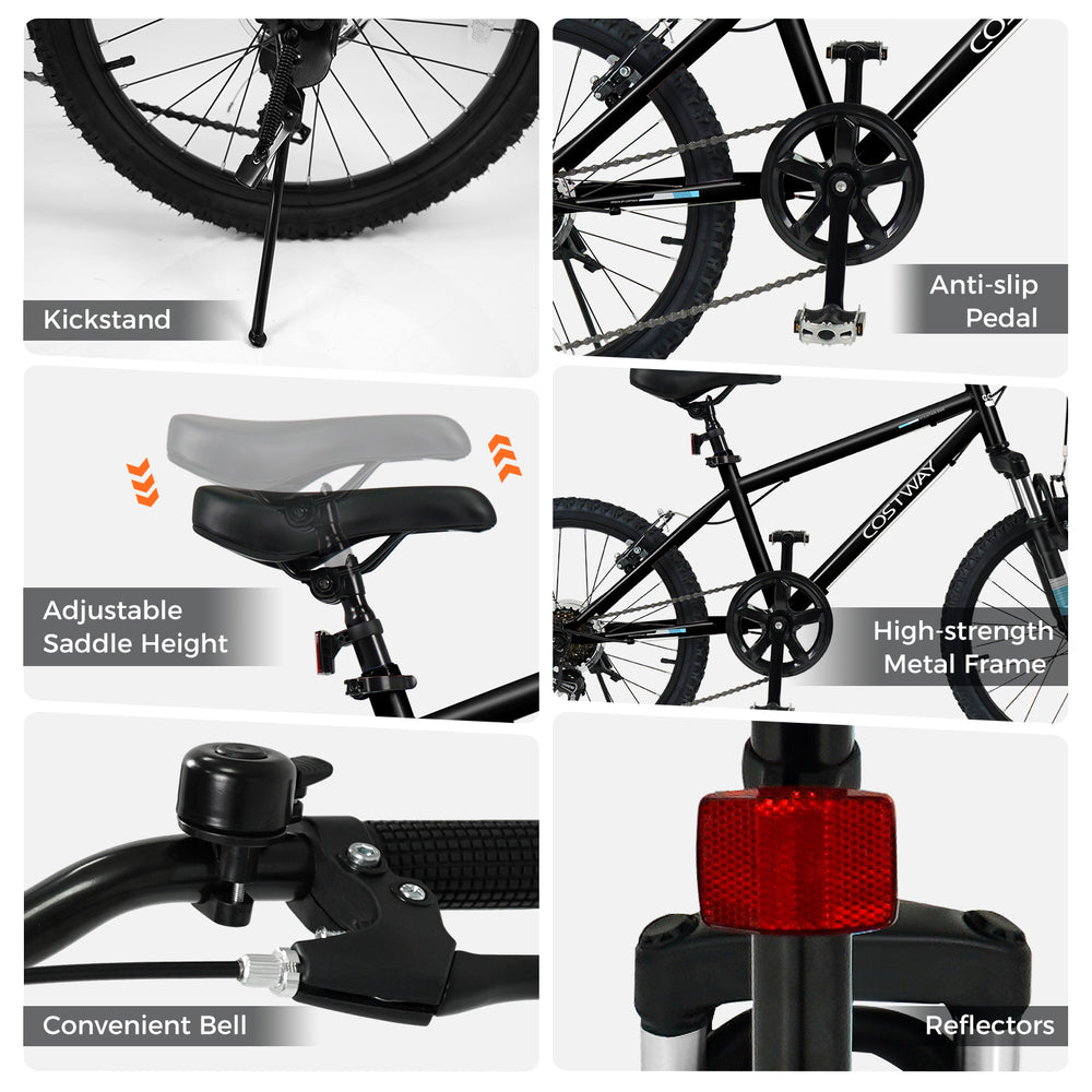 Close-up of the Kids Mountain Bike's adjustable saddle, convenient bell, and anti-slip pedal for safe riding.