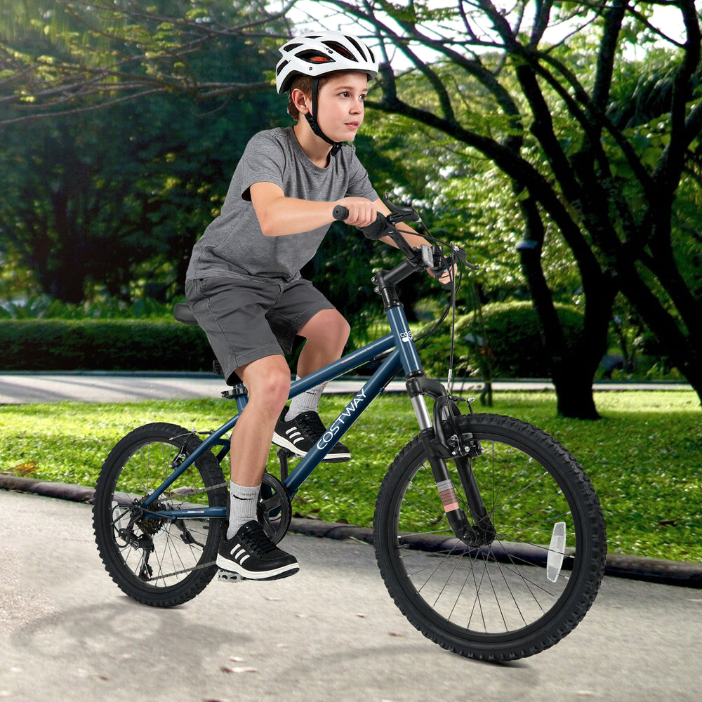 Kids mountain bike in navy, featuring 20-inch wheels, adjustable saddle, and suspension fork for a smooth ride.