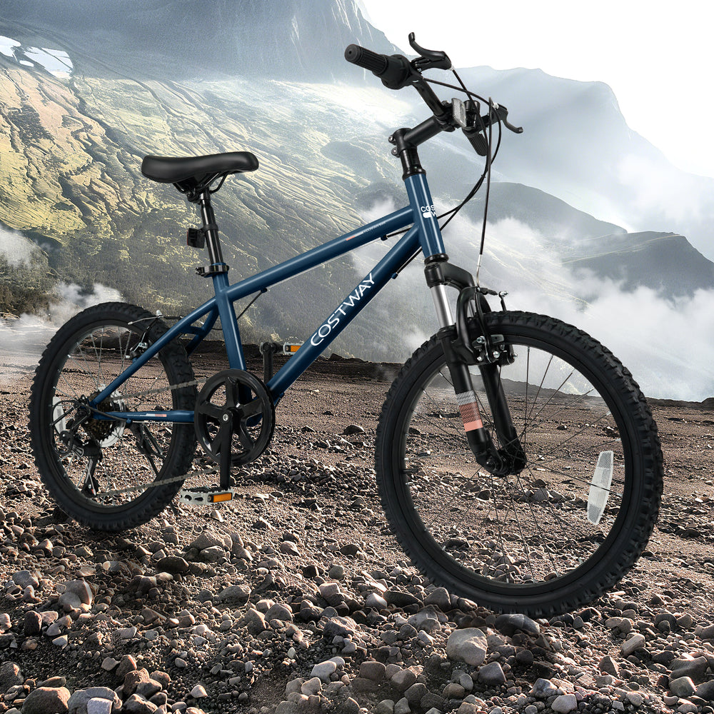 Kids mountain bike in navy with 20-inch wheels, adjustable saddle, and dual V-brakes for safe riding on various.
